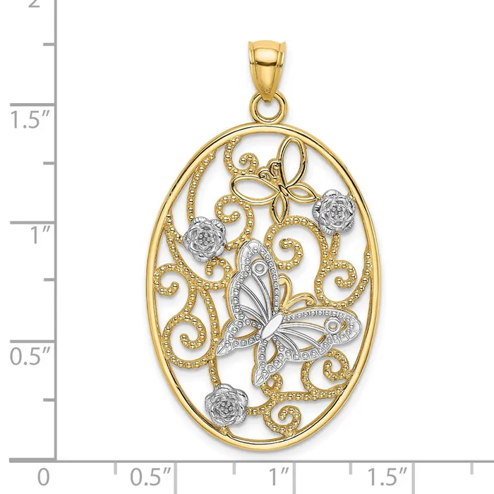Rings TreasureFineJewelers 14k TwoTone wRhodium Butterfly and Flowers in Oval Frame Charm