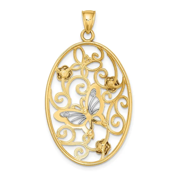 Rings TreasureFineJewelers 14k TwoTone wRhodium Butterfly and Flowers in Oval Frame Charm