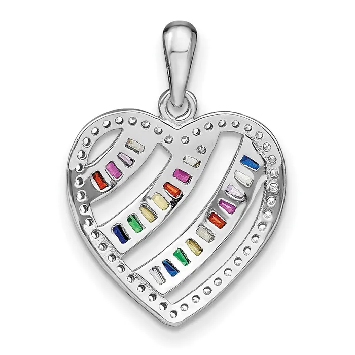 Rings TreasureFineJewelers Prizma Sterling Silver Rhodiumplated White and Colorful Three Row CZ Open Heart Pendant