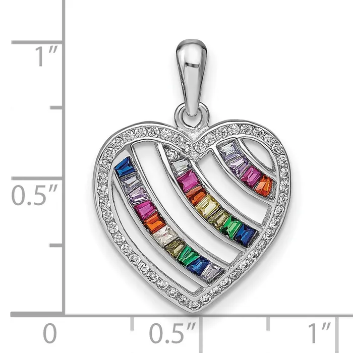 Rings TreasureFineJewelers Prizma Sterling Silver Rhodiumplated White and Colorful Three Row CZ Open Heart Pendant
