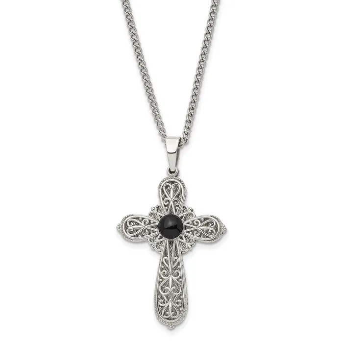 Stainless Steel Brushed and Polished Black Epoxy Prayer Cross Necklace TreasureFineJewelers Necklaces