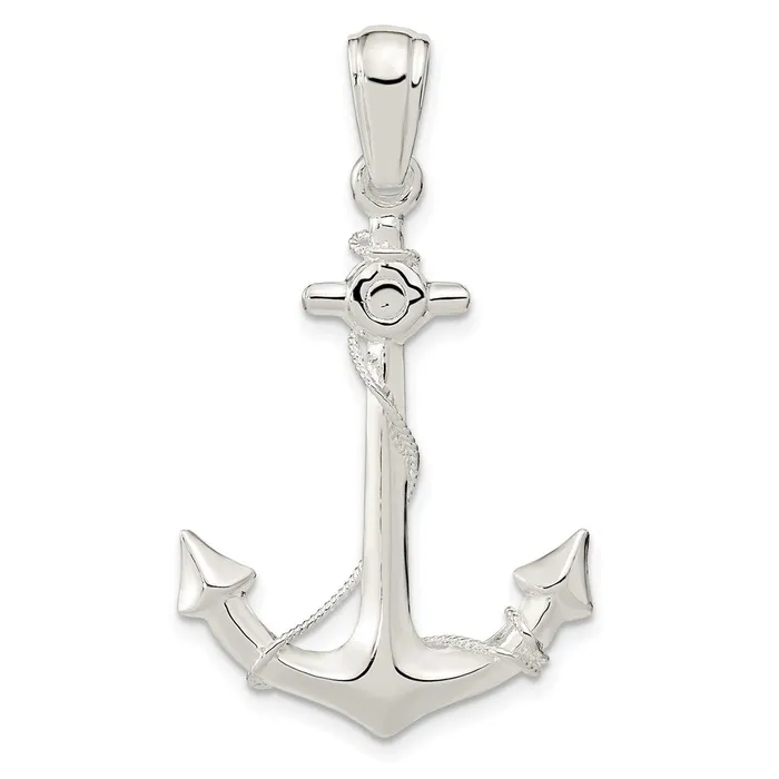 Sterling Silver Polished 3D Medium Anchor wRope Pendant TreasureFineJewelers Necklaces Sterling Silver Polished 3D Medium Anchor wRope Pendant TreasureFineJewelers Necklaces