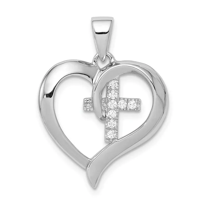 Sterling Silver Rhodiumplated Polished Heart with CZ Cross Pendant TreasureFineJewelers Necklaces