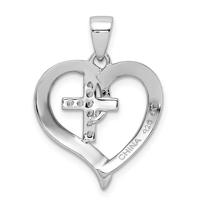 Sterling Silver Rhodiumplated Polished Heart with CZ Cross Pendant TreasureFineJewelers Necklaces