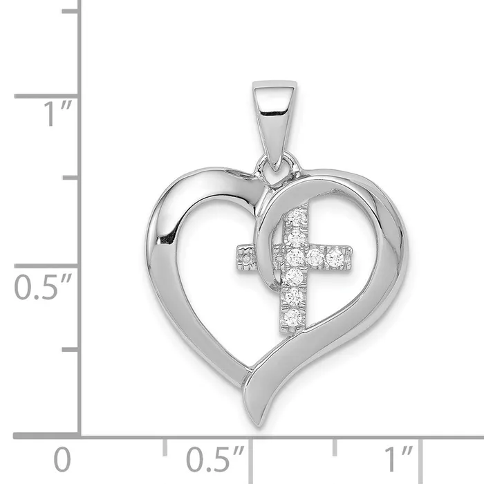 Sterling Silver Rhodiumplated Polished Heart with CZ Cross Pendant TreasureFineJewelers Necklaces