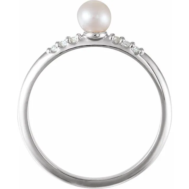 TreasureFineJeweler Rings 14K White Cultured White Freshwater Pearl 05 CTW Natural Diamond Ring