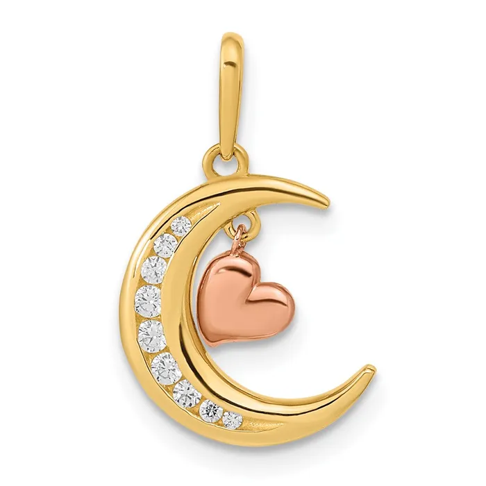 TreasureFineJewelers 14K Twotone CZ Moon Heart Pendant Necklaces