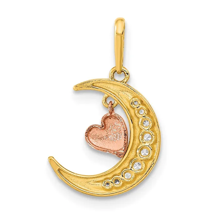 TreasureFineJewelers 14K Twotone CZ Moon Heart Pendant Necklaces