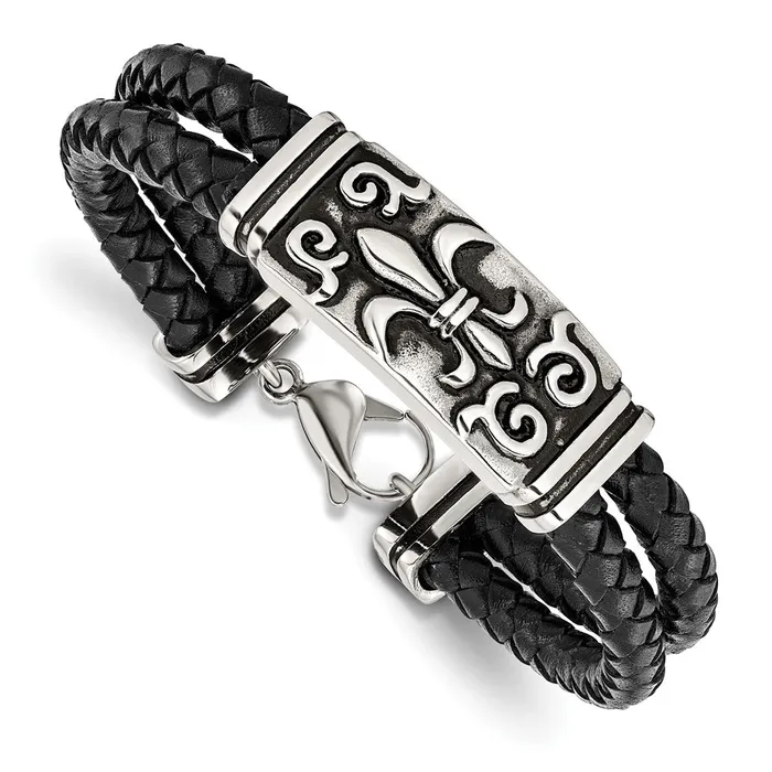 TreasureFineJewelers Bracelets Chisel Stainless Steel Antiqued and Polished Fleur de Lis 2 Strand Black Braided Leather 85 inch Bracelet TreasureFineJewelers Bracelets Chisel Stainless Steel Antiqued and Polished Fleur de Lis 2 Strand Black Braided Leather 85 inch Bracelet