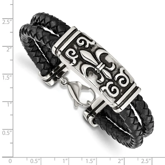 TreasureFineJewelers Bracelets Chisel Stainless Steel Antiqued and Polished Fleur de Lis 2 Strand Black Braided Leather 85 inch Bracelet