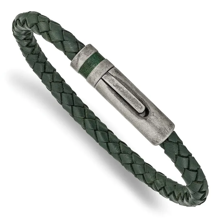 TreasureFineJewelers Bracelets Chisel Stainless Steel Antiqued Green Braided Leather 825 inch Bracelet TreasureFineJewelers Bracelets Chisel Stainless Steel Antiqued Green Braided Leather 825 inch Bracelet