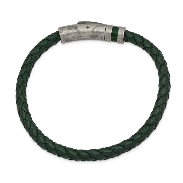 TreasureFineJewelers Bracelets Chisel Stainless Steel Antiqued Green Braided Leather 825 inch Bracelet