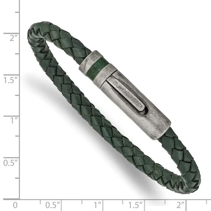 TreasureFineJewelers Bracelets Chisel Stainless Steel Antiqued Green Braided Leather 825 inch Bracelet