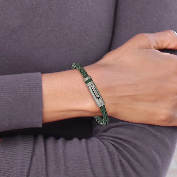 TreasureFineJewelers Bracelets Chisel Stainless Steel Antiqued Green Braided Leather 825 inch Bracelet