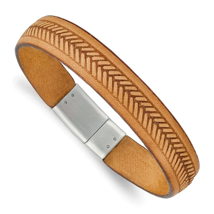TreasureFineJewelers Bracelets Chisel Stainless Steel Polished Textured Tan Italian Leather 875 inch Bracelet TreasureFineJewelers Bracelets Chisel Stainless Steel Polished Textured Tan Italian Leather 875 inch Bracelet