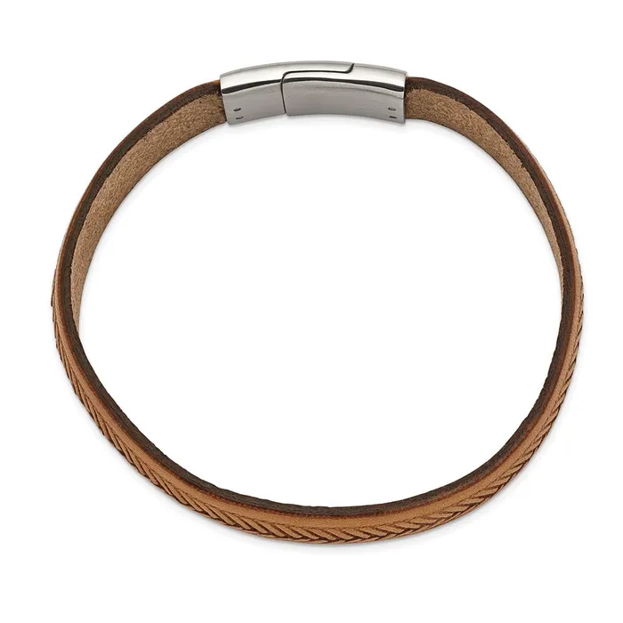 TreasureFineJewelers Bracelets Chisel Stainless Steel Polished Textured Tan Italian Leather 875 inch Bracelet