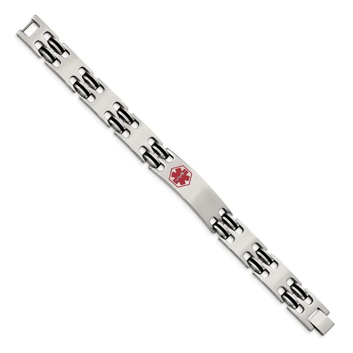 TreasureFineJewelers Bracelets Chisel Stainless Steel Polished with Red Enamel and Black Rubber Medical ID 825 inch Bracelet