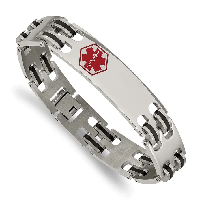 TreasureFineJewelers Bracelets Chisel Stainless Steel Polished with Red Enamel and Black Rubber Medical ID 825 inch Bracelet