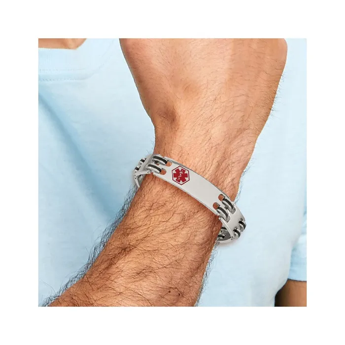 TreasureFineJewelers Bracelets Chisel Stainless Steel Polished with Red Enamel and Black Rubber Medical ID 825 inch Bracelet