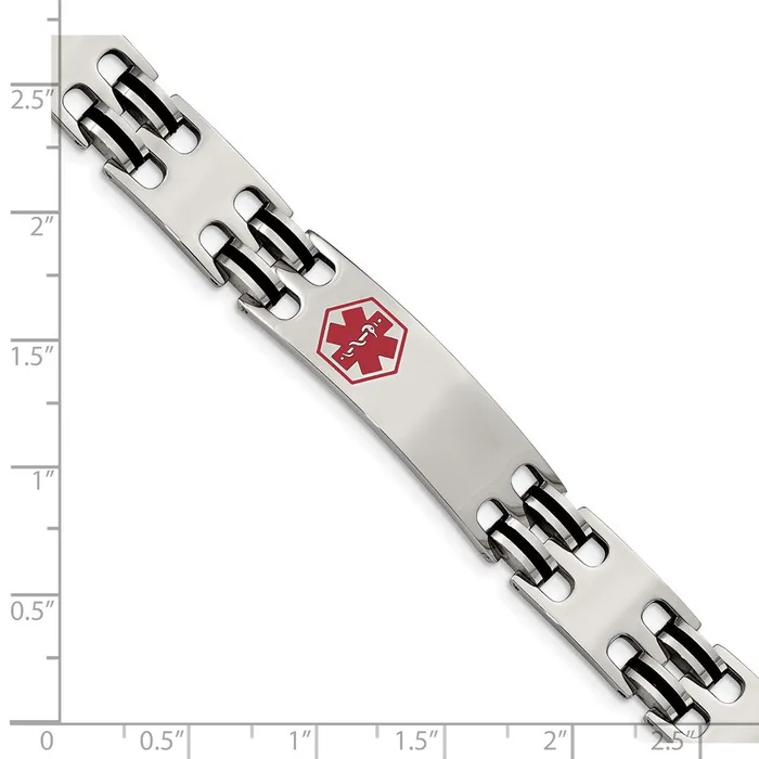 TreasureFineJewelers Bracelets Chisel Stainless Steel Polished with Red Enamel and Black Rubber Medical ID 825 inch Bracelet