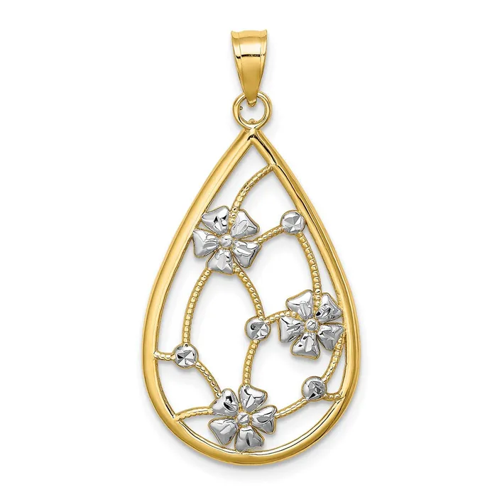 TreasureFineJewelers Charm Necklaces 14K w White Rhodium Flowers In Teardrop Frame Charm