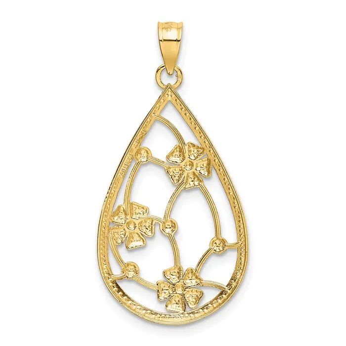 TreasureFineJewelers Charm Necklaces 14K w White Rhodium Flowers In Teardrop Frame Charm