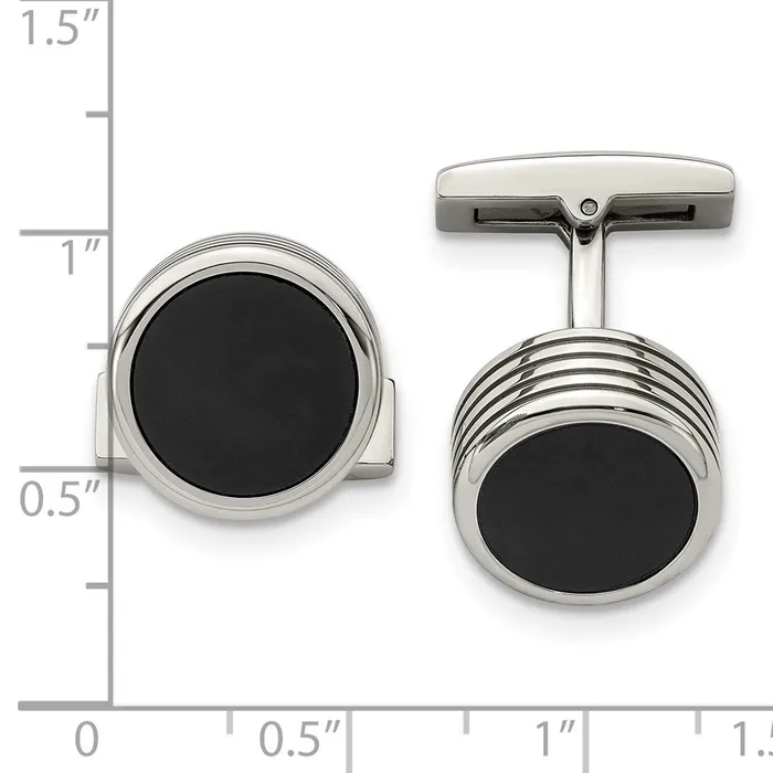 TreasureFineJewelers Chisel Stainless Steel Polished Grooved Round Black IPplated Cufflinks Bracelets