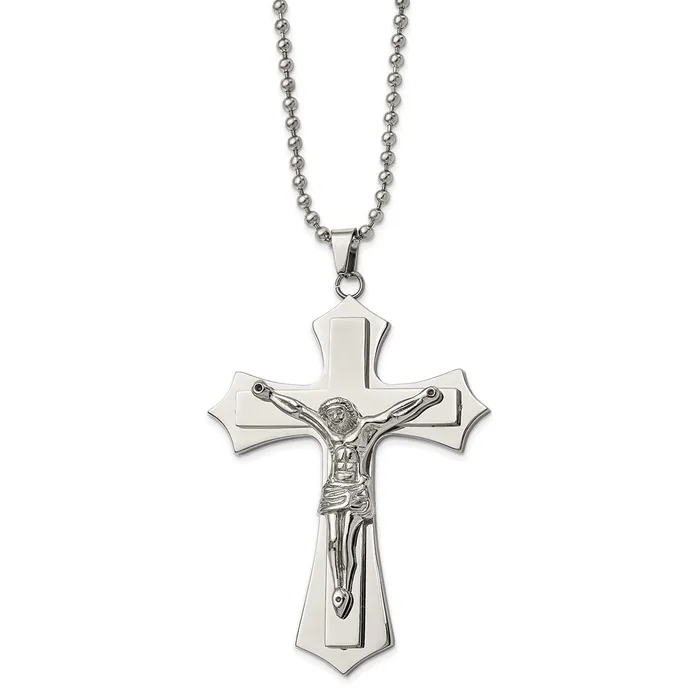 TreasureFineJewelers Chisel Stainless Steel Polished Large Crucifix Pendant on a 22 inch Ball Chain Necklace Necklaces