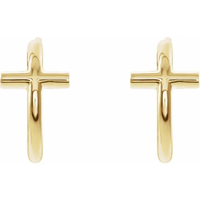 TreasureFineJewelers Earrings 14K Yellow Gold 118 mm Cross Huggie Earrings