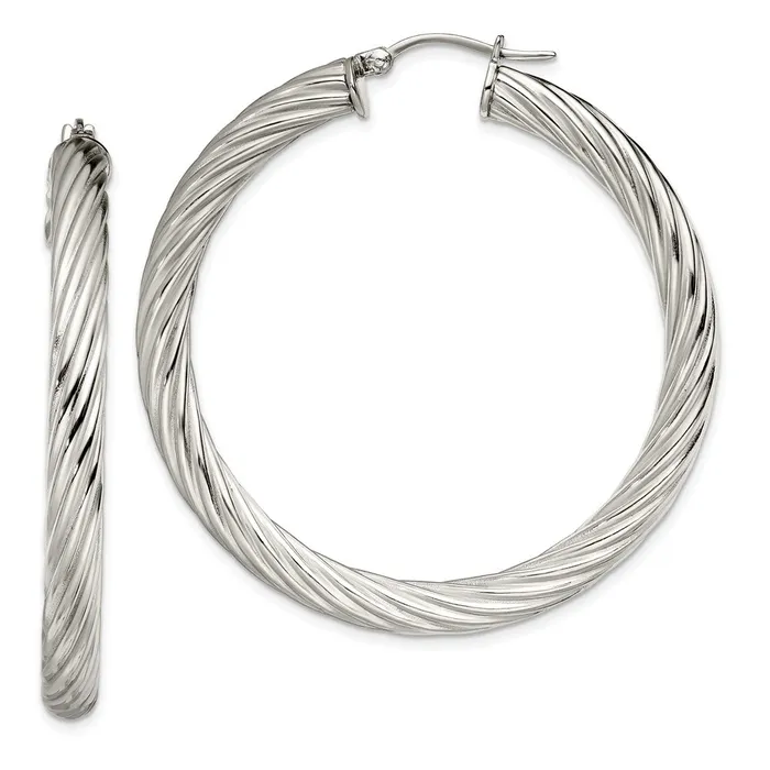 TreasureFineJewelers Earrings Stainless Steel Polished and Textured Hollow Hoop Earrings TreasureFineJewelers Earrings Stainless Steel Polished and Textured Hollow Hoop Earrings