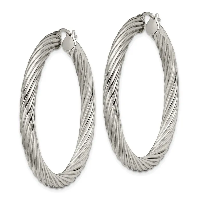 TreasureFineJewelers Earrings Stainless Steel Polished and Textured Hollow Hoop Earrings