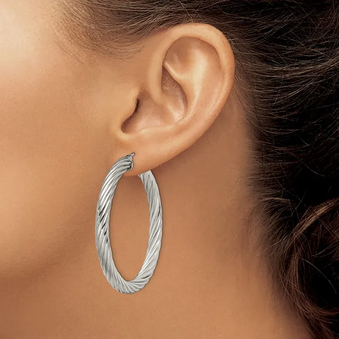 TreasureFineJewelers Earrings Stainless Steel Polished and Textured Hollow Hoop Earrings