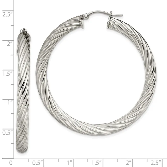 TreasureFineJewelers Earrings Stainless Steel Polished and Textured Hollow Hoop Earrings