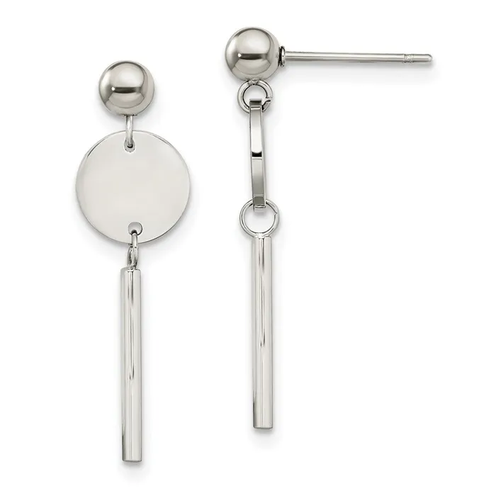 TreasureFineJewelers Earrings Stainless Steel Polished Disc wBar Post Dangle Earrings TreasureFineJewelers Earrings Stainless Steel Polished Disc wBar Post Dangle Earrings