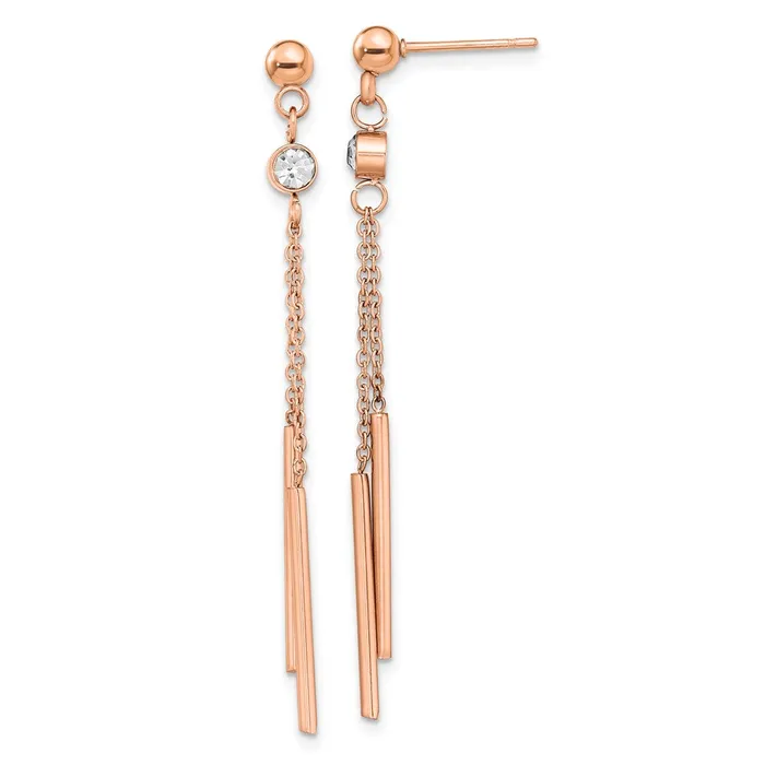 TreasureFineJewelers Earrings Stainless Steel Polished Rose IPplated wCrystal Bar Post Dangle Earrings TreasureFineJewelers Earrings Stainless Steel Polished Rose IPplated wCrystal Bar Post Dangle Earrings