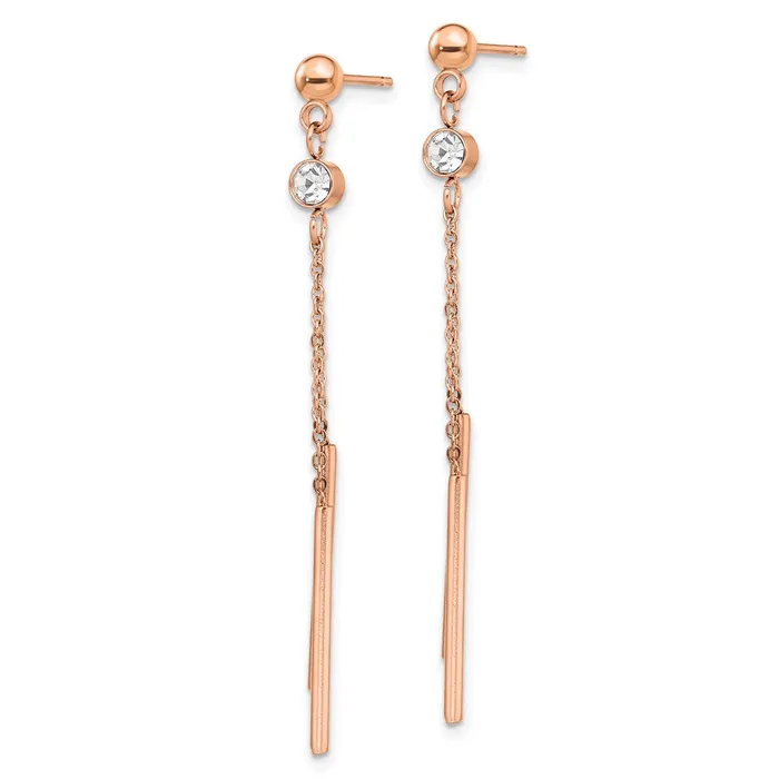 TreasureFineJewelers Earrings Stainless Steel Polished Rose IPplated wCrystal Bar Post Dangle Earrings