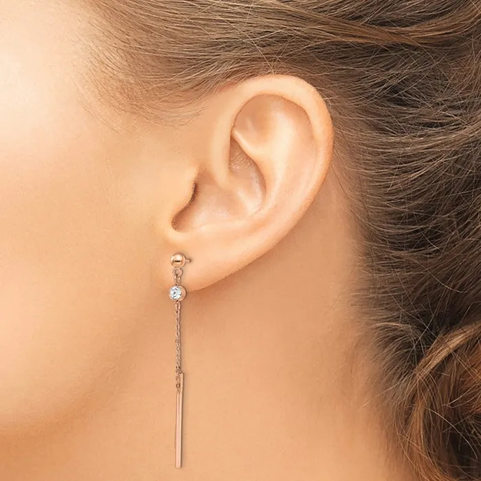 TreasureFineJewelers Earrings Stainless Steel Polished Rose IPplated wCrystal Bar Post Dangle Earrings