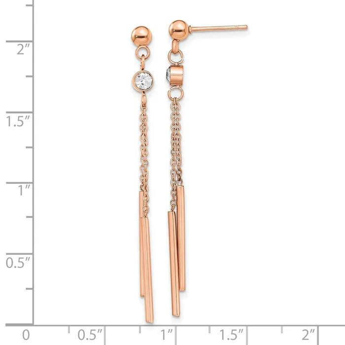 TreasureFineJewelers Earrings Stainless Steel Polished Rose IPplated wCrystal Bar Post Dangle Earrings