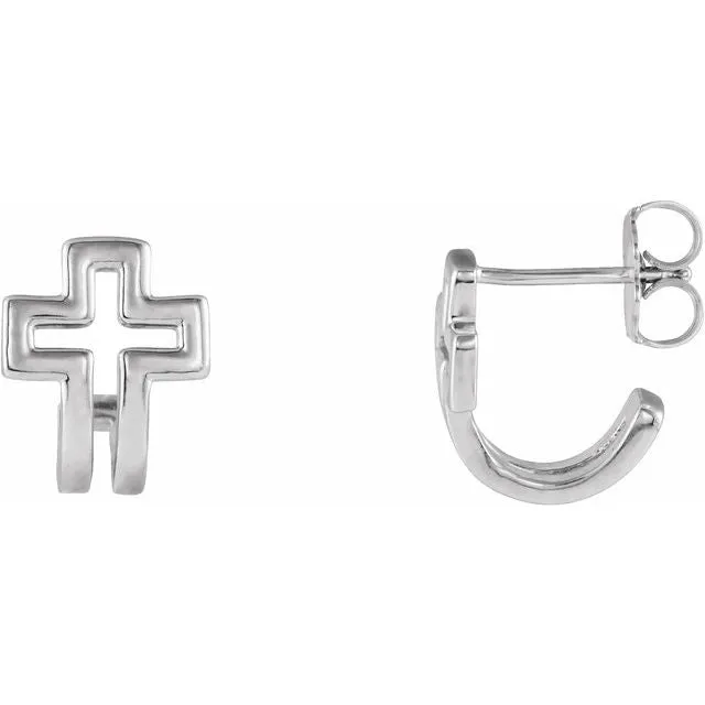 TreasureFineJewelers Earrings Sterling Silver Open Cross JHoop Earrings