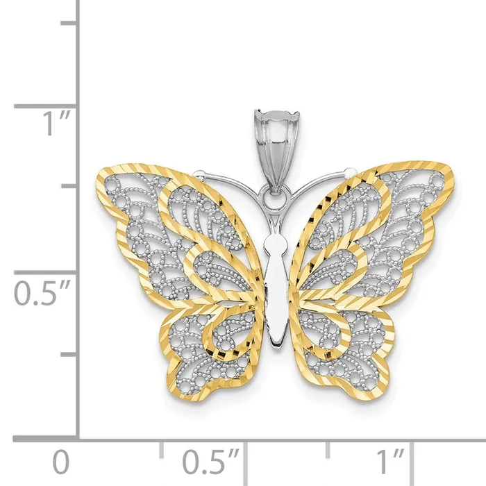 TreasureFineJewelers Necklaces 14k White Gold WYellow Rhodium Polished Filigree Butterfly Pendant