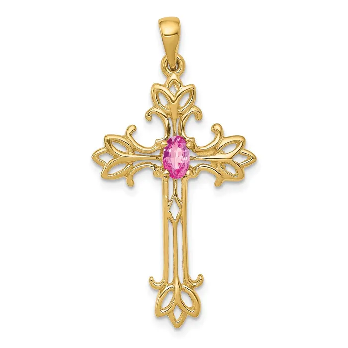 TreasureFineJewelers Necklaces 14k Yellow Gold 5x3mm Oval Pink Sapphire cross pendant TreasureFineJewelers Necklaces 14k Yellow Gold 5x3mm Oval Pink Sapphire cross pendant