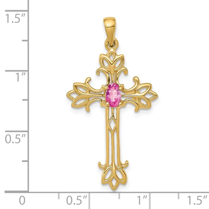 TreasureFineJewelers Necklaces 14k Yellow Gold 5x3mm Oval Pink Sapphire cross pendant