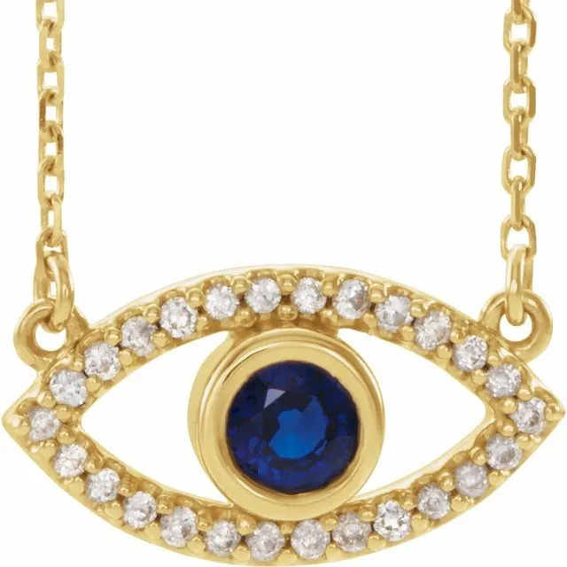 TreasureFineJewelers Necklaces 14K Yellow Gold Natural Blue Sapphire Natural White Gold Sapphire Evil Eye 16 Necklace