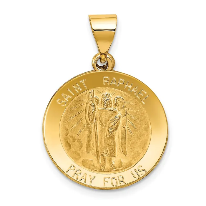 TreasureFineJewelers Necklaces 14k Yellow Gold Polished and Satin St Raphael Medal Hollow Pendant TreasureFineJewelers Necklaces 14k Yellow Gold Polished and Satin St Raphael Medal Hollow Pendant