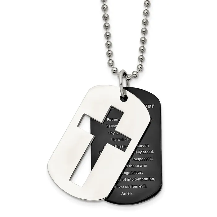 TreasureFineJewelers Necklaces Chisel Stainless Steel Polished Black IPplated 2 Piece Lords Prayer Dog Tag on a 24 inch Ball Chain Necklace