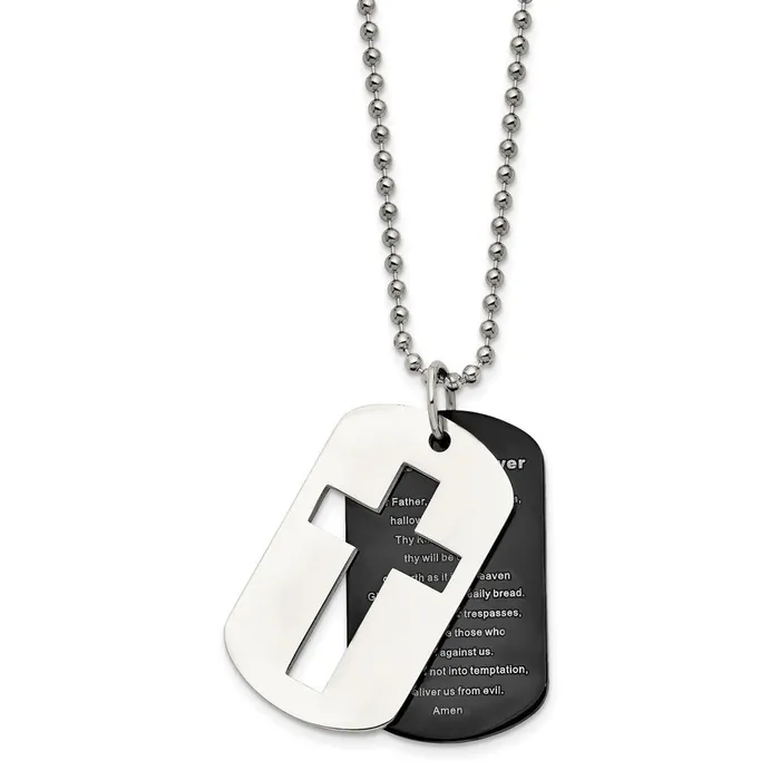 TreasureFineJewelers Necklaces Chisel Stainless Steel Polished Black IPplated 2 Piece Lords Prayer Dog Tag on a 24 inch Ball Chain Necklace