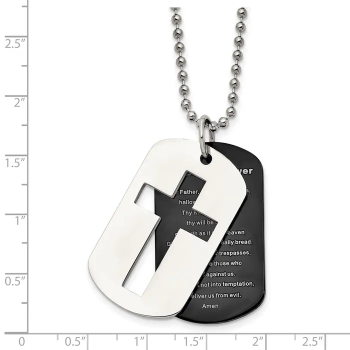 TreasureFineJewelers Necklaces Chisel Stainless Steel Polished Black IPplated 2 Piece Lords Prayer Dog Tag on a 24 inch Ball Chain Necklace