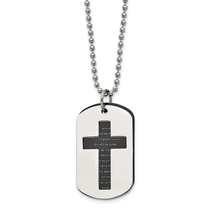 TreasureFineJewelers Necklaces Chisel Stainless Steel Polished Black IPplated 2 Piece Lords Prayer Dog Tag on a 24 inch Ball Chain Necklace