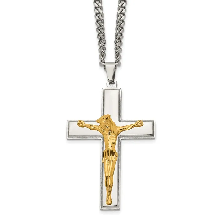 TreasureFineJewelers Necklaces Chisel Stainless Steel Polished Yellow IPplated Crucifix Pendant on a 24 inch Curb Chain Necklace