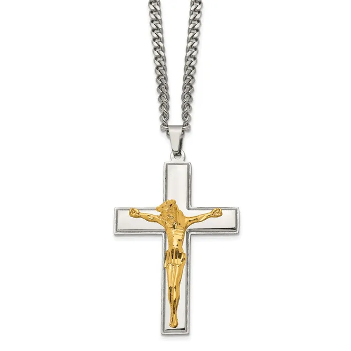 TreasureFineJewelers Necklaces Chisel Stainless Steel Polished Yellow IPplated Crucifix Pendant on a 24 inch Curb Chain Necklace